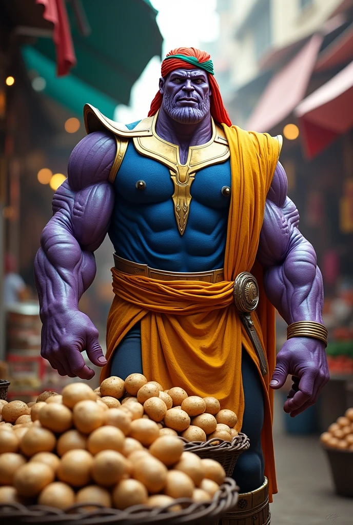 Picture Thanos from ms dhoni the selling potatoes in a lively Indian market. He is dressed in a vibrant Indian attire Kurta Dhoti and a turban.
His imposing figure stands behind a stall brimming with fresh potatoes, ms dhoni by a bustling market.
