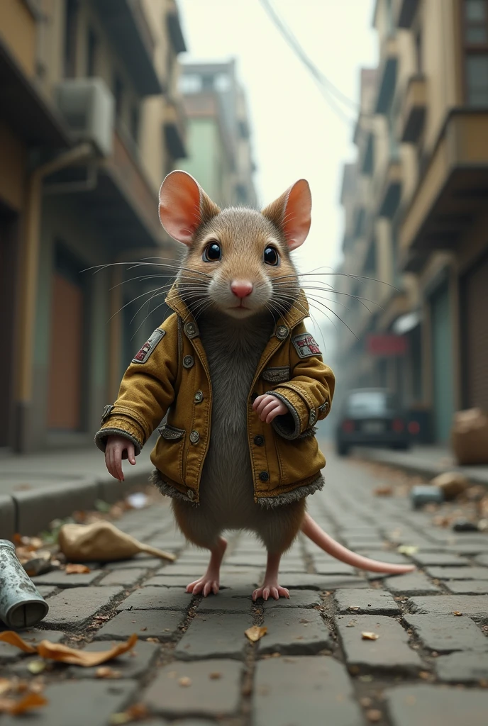 Mouse walking in Street's and wearing a old jocket a realistic image