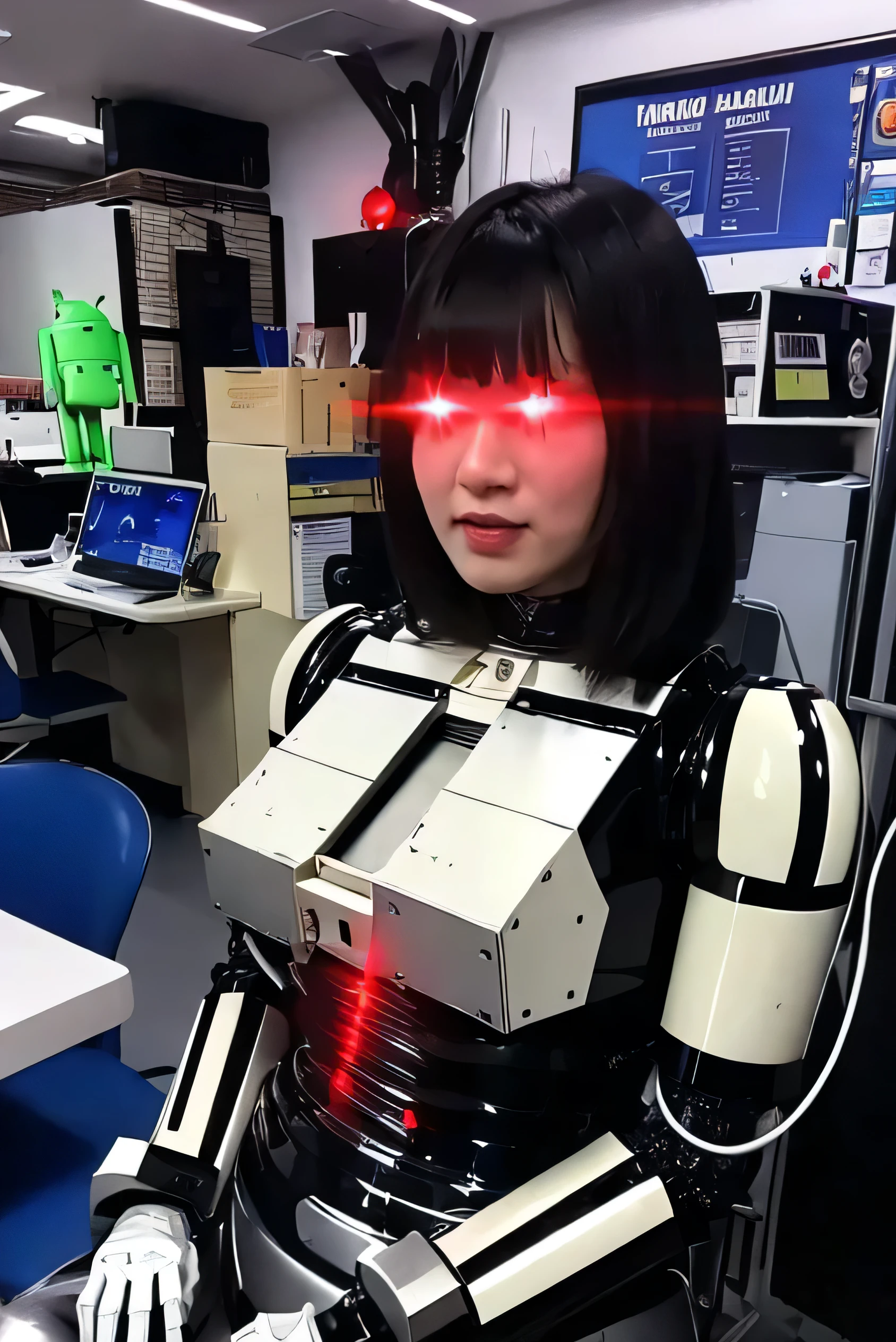 masterpiece, best quality, extremely detailed,8k portrait,Japaese android girl,Plump,control panels,android,Droid,Mechanical Hand, Robot arms and legs, Black Robot Parts,Black hair,Mechanical body,Blunt bangs,White robotics parts,perfect robot girl,long tube,thick cable connected her neck,ceramic body ,mechanical body,mechanical costume,android,robot,humanoid,cyborg,japanese android woman,mechanical chest,future laboratory,connecting a cable between the legs,(blue eyes:1.5),(Glowing Eyes Meme:1.2),office-lady