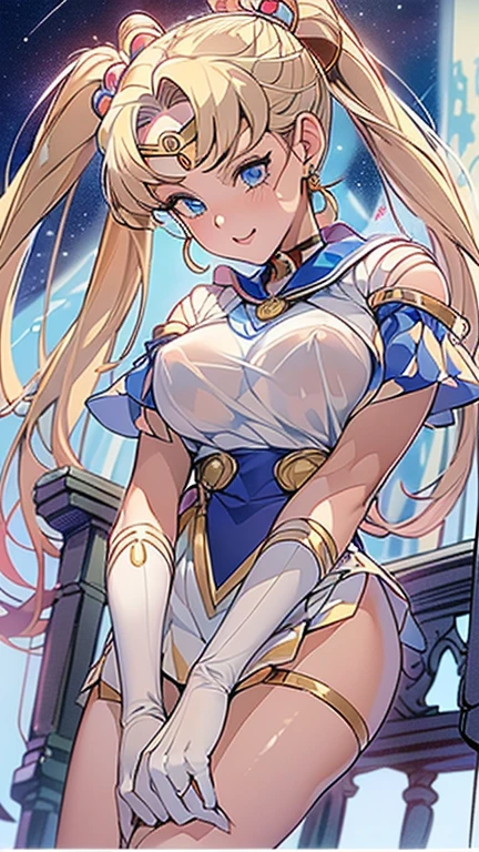 masterpiece、full:1.3、stand、8k、Highest quality、極めて詳細な CG Unity 8k の壁紙、From below、Intricate details、(1 female)、(Sailor Moon:1.6 Super Bishoujo Senshi Sailor Moon Mer1、Meishaon,Tierra、Sailor Warrior Uniform Sailor:1.5、Sailor Moon:1.5,Eternal Sailor Moon)、(信じられないほど長くて明るいTwin tailsのブロンド:1.4、thin and very long straight twin tail blonde, Hair Bun、Red round hair ornaments in a hair bun)、((Blue Collar,Blue Pray Ultra Mini Skirt:1.5、very large Red Bow on the chest,,Long white latex gloves,Red gloves on elbows、Exposing the upper arm,A gorgeous golden tiara on her forehead、耳Nipple Ring,Luxury gold jewelry))、Ultra-thin, high-gloss white holographic leather、High gloss white latex high leg swimsuit that shines like oil,(Facial details:1.5、blue eyes、Beautifull expression、beautidfull eyes、Iris Contour, Eyes with highlights、thin唇:1.5、Thin, sharp, pale eyebrows,、Long eyelashes、Double eyelashes、thin, Lean and muscular,,,、Small Face、tall and big chested、Perfect Proportions、Big breasts and small waist、Sexy model posing、Dynamic pose,Visible pores、A seductive smile、Perfect hands:1.5、Octane Rendering、A very dramatic picture、(moonの神性,Space Background、moonの光、moon、Dynamic Background、Exquisite lighting and shadows、Dynamic Angle、Detailed Background),Strong natural light、sunlight、Digital SLR、Sharp focus: 1.0、Maximum clarity and sharpness、mecha musume,(Honestly, Double Bang, Twin tails, Parted bangs, Circlet, jewelry, Earrings, choker, Red Bow, White gloves, Elbow hand pockets,(Honestly, Double Bang, Twin tails, Parted bangs, hair ornaments, Circlet, jewelry, Earrings, choker, See through, Red Bow, White gloves, Elbow hand pockets))