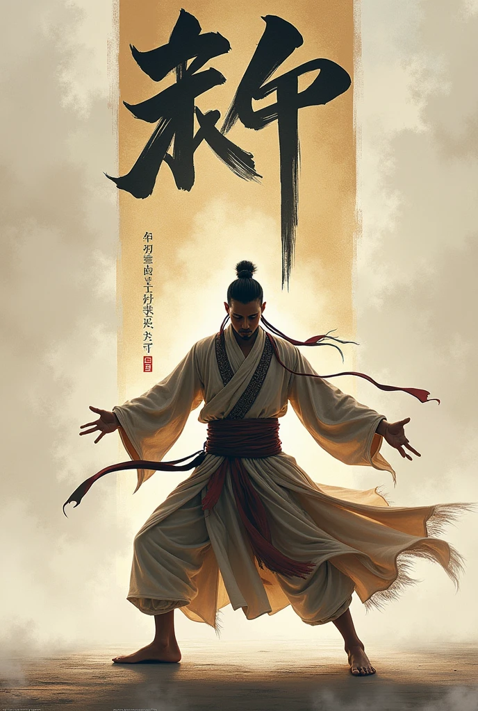 A warrior with silat attributes , still standing while installing, Behind it is the Nidyu text style.