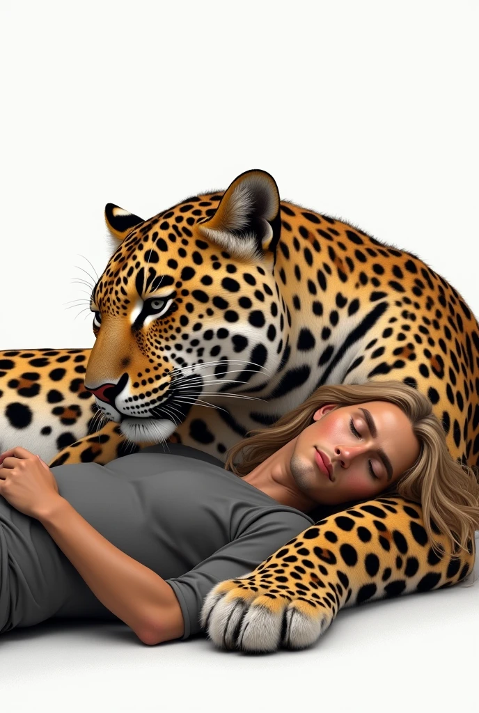 1 man with blond hair lying on the lap of a leopard with a white background that doesn't look so animated that it's more realistic