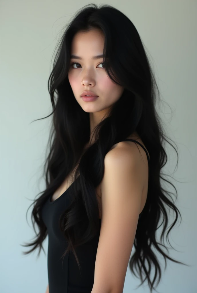 white girl with black hair full body.