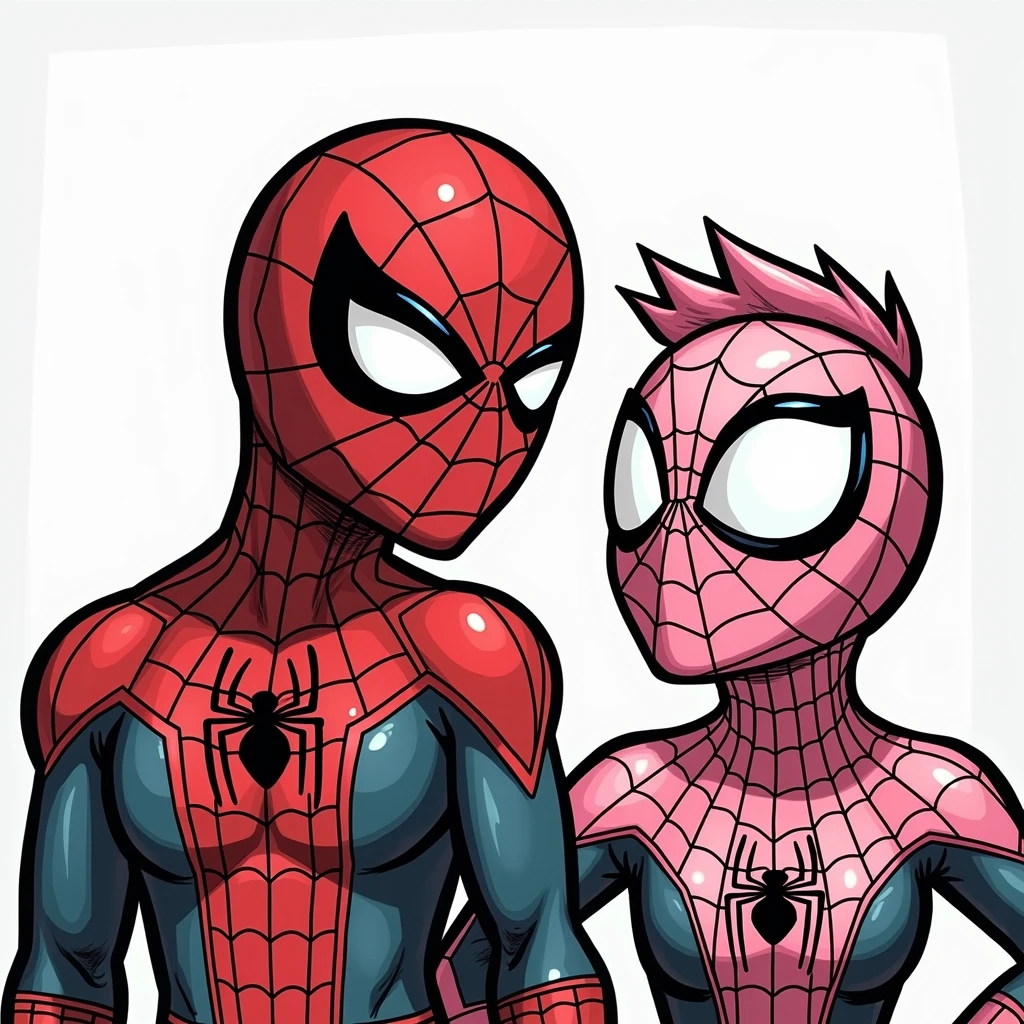 That pink spiderman gives a kiss on the cheek to red spiderman