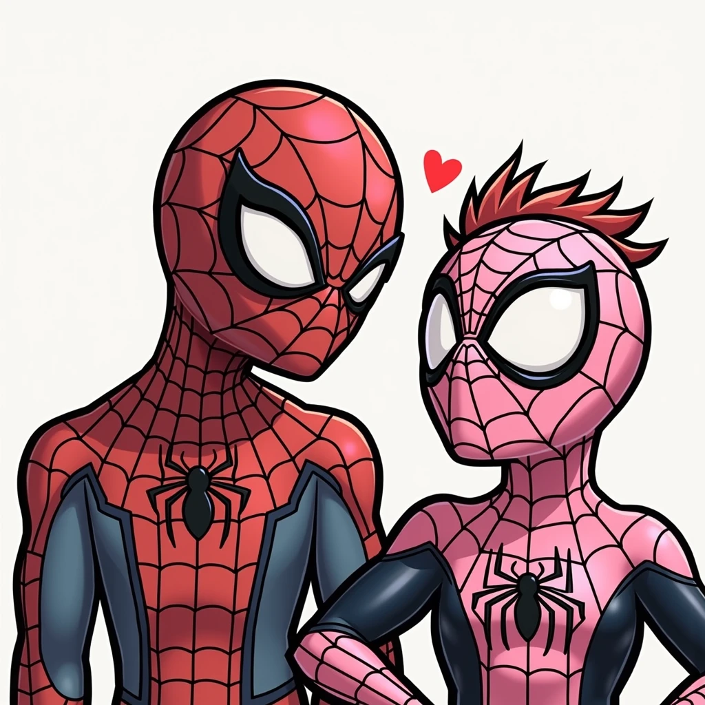 That pink spiderman gives a kiss on the cheek to red spiderman