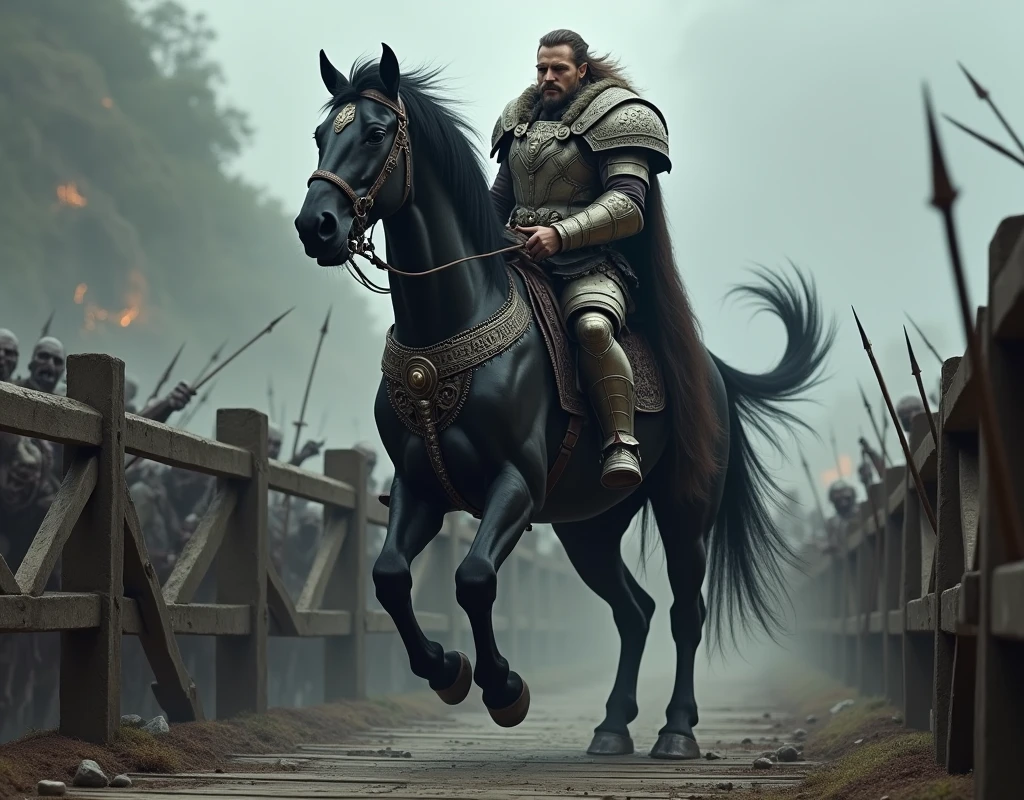A Lion Warrior, imposing and confident, riding his black horse , crossing a bridge full of zombies