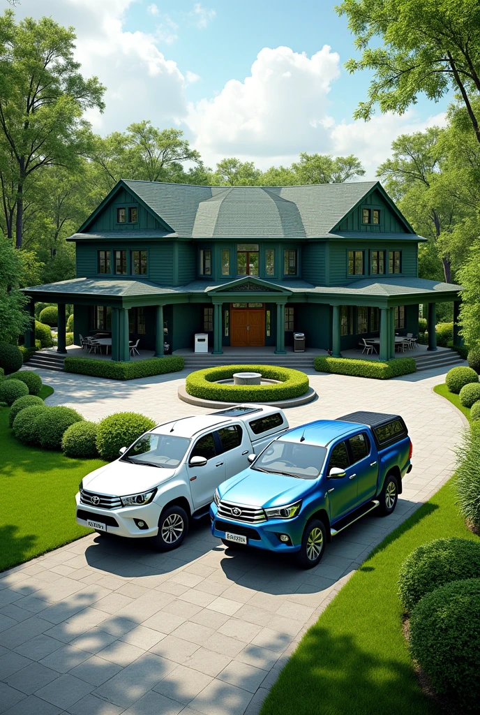 Luxurious green house with parking area, barbecue area and roundabout entrance with 1 white Toyota Hilux parked and a blue Isuzu D-max parked 