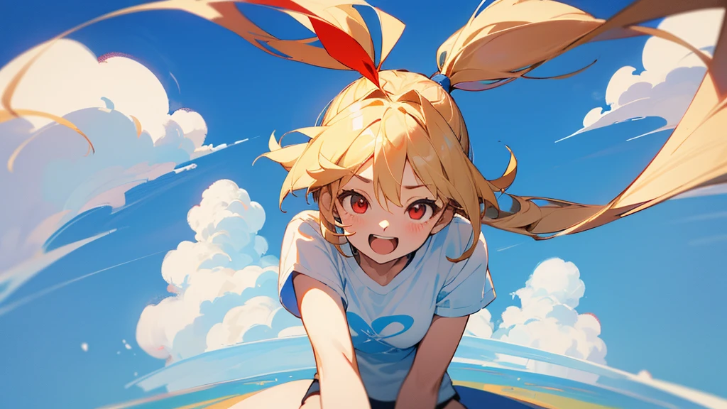 One Girl, Blonde ponytail、Ahoge、Big round red eyes、Ride on the clouds、A long shot、Sky blue solid color background, Pure blue background, Dark blue background, White T-shirt, Laughing happily, High Angle、Portraiture