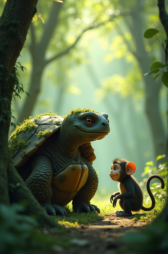/imagineOld Turtle Helping the Monkey:
"An old, wise-looking turtle slowly walking through the forest, encountering the lost monkey. The turtle is calm and comforting, while the monkey is looking at the turtle with a sense of relief and hope, --3:2