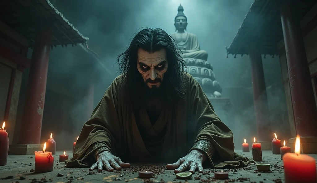 Top quality, masterpiece, old oriental background, 500 year old oriental shaman, casting a curse, messy hair, amulets thrown on the floor, temple interior background, candles on the floor, detailed image texture, creepy, horror, creepy atmosphere (not AI image), cloudy weather, fog, low color image, creepy, character filling the screen, image from various angles, delicate skin expression, wrinkled skin, colorless skin (grayish), figure wearing old oriental shaman's attire, white heavy makeup, with Buddha statue behind