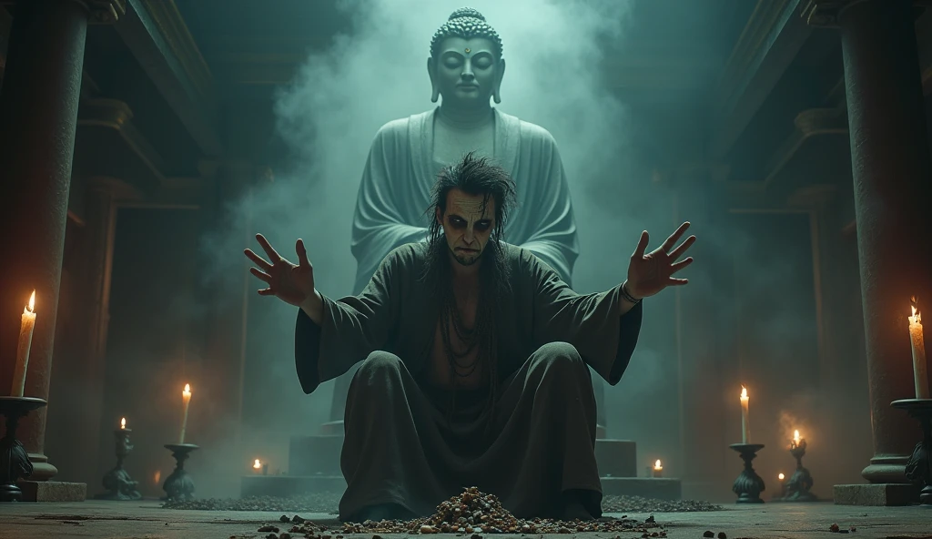 Top quality, masterpiece, old oriental background, 500 year old oriental shaman, casting a curse, messy hair, amulets thrown on the floor, temple interior background, candles on the floor, detailed image texture, creepy, horror, creepy atmosphere (not AI image), cloudy weather, fog, low color image, creepy, character filling the screen, image from various angles, delicate skin expression, wrinkled skin, colorless skin (grayish), figure wearing old oriental shaman's attire, white heavy makeup, with Buddha statue behind