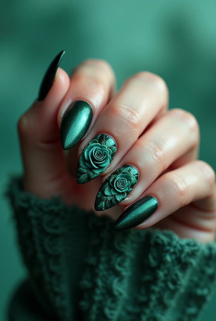 Gothic rose almond-shaped nail art、The background color is mint green eye cat type nail art.。.