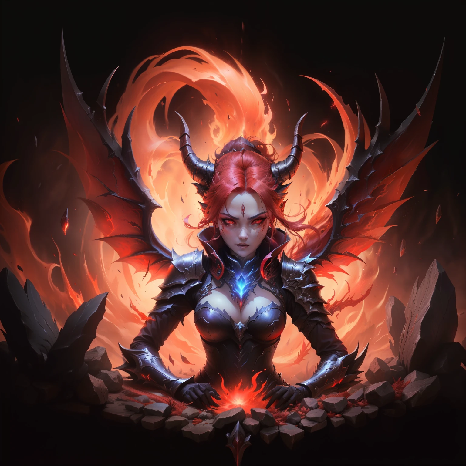 Female demon with wings and horns，Red breath exploded，Awakening，The red scent, infernal enigma,，Skill Icon, Diablo concept art, League of Legends Inventory Items