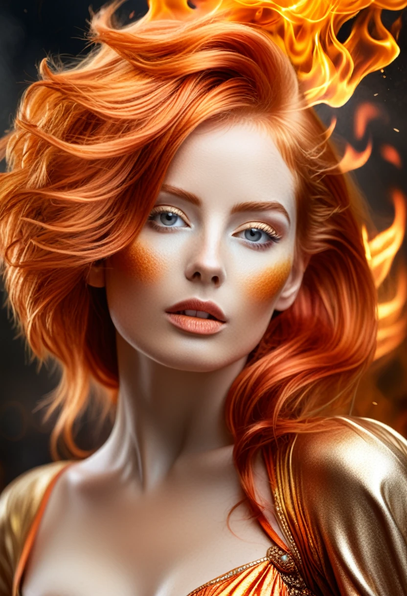 high quality, 8K Ultra HD, Surreal portrait of a stunning woman.
"This visually stunning digital artwork will take you into a fantasy world, Shows a powerful woman with fiery orange hair and regal gold clothing, Flame background."