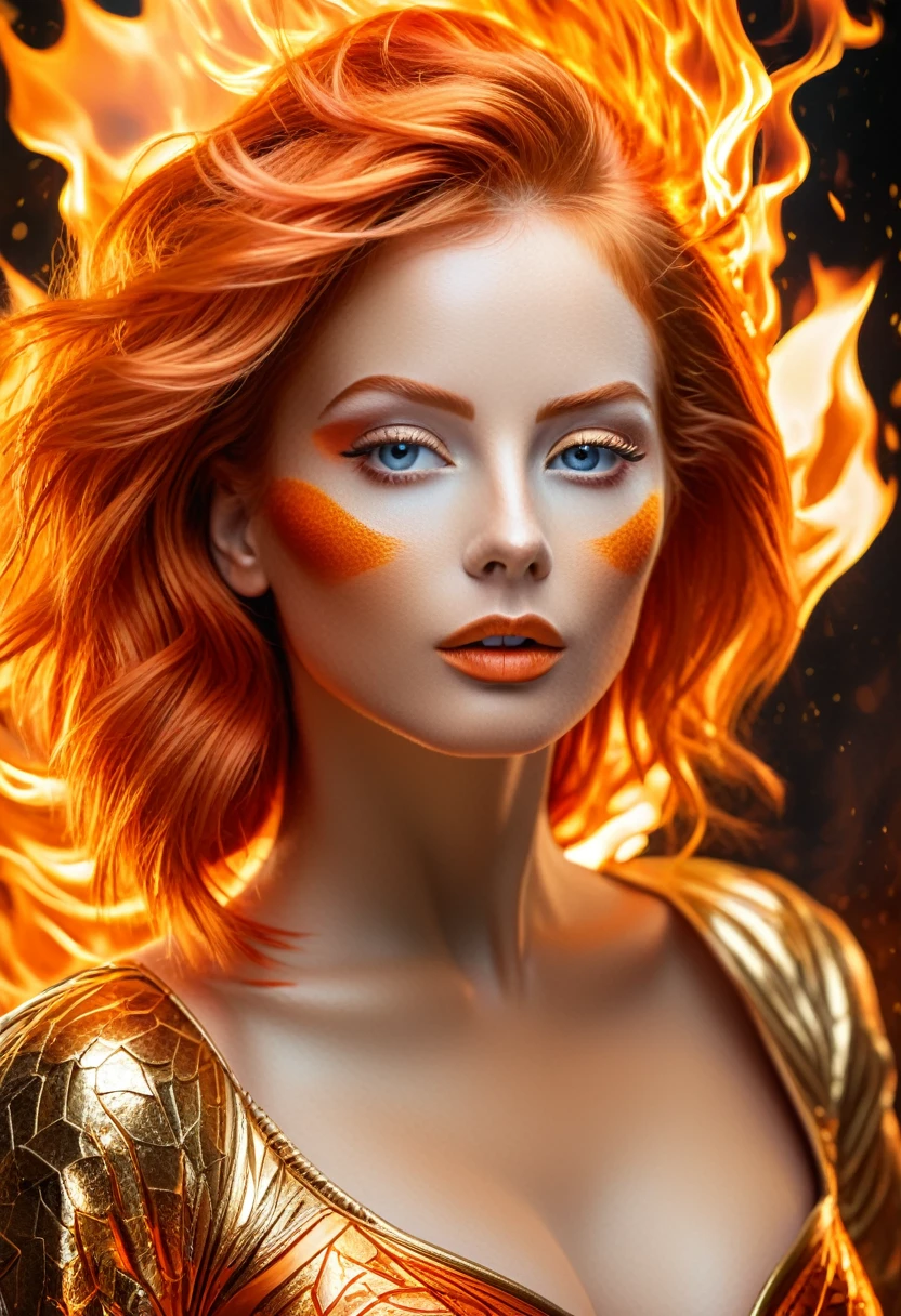 high quality, 8K Ultra HD, Surreal portrait of a stunning woman.
"This visually stunning digital artwork will take you into a fantasy world, Shows a powerful woman with fiery orange hair and regal gold clothing, Flame background."