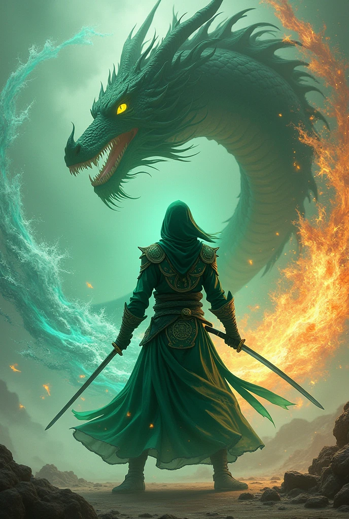Ninja Verde, with two katanas dominating water, air, earth and fire with a dragon