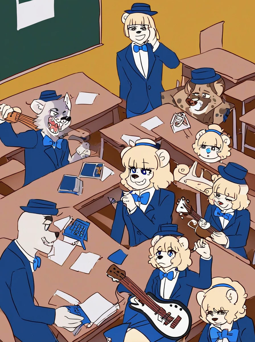 1Dog, White Tanuki Pomeranian, Medium Hair, blunt bangs, hairband, Circle Eye, Hyena Ear, Blue Bowler hat, Blue Bow Tie, by Guillaume Renard \(skchkko\), Fear and Sadness, playing Guitar, Desk in Classroom, big lineart, digital illustration
