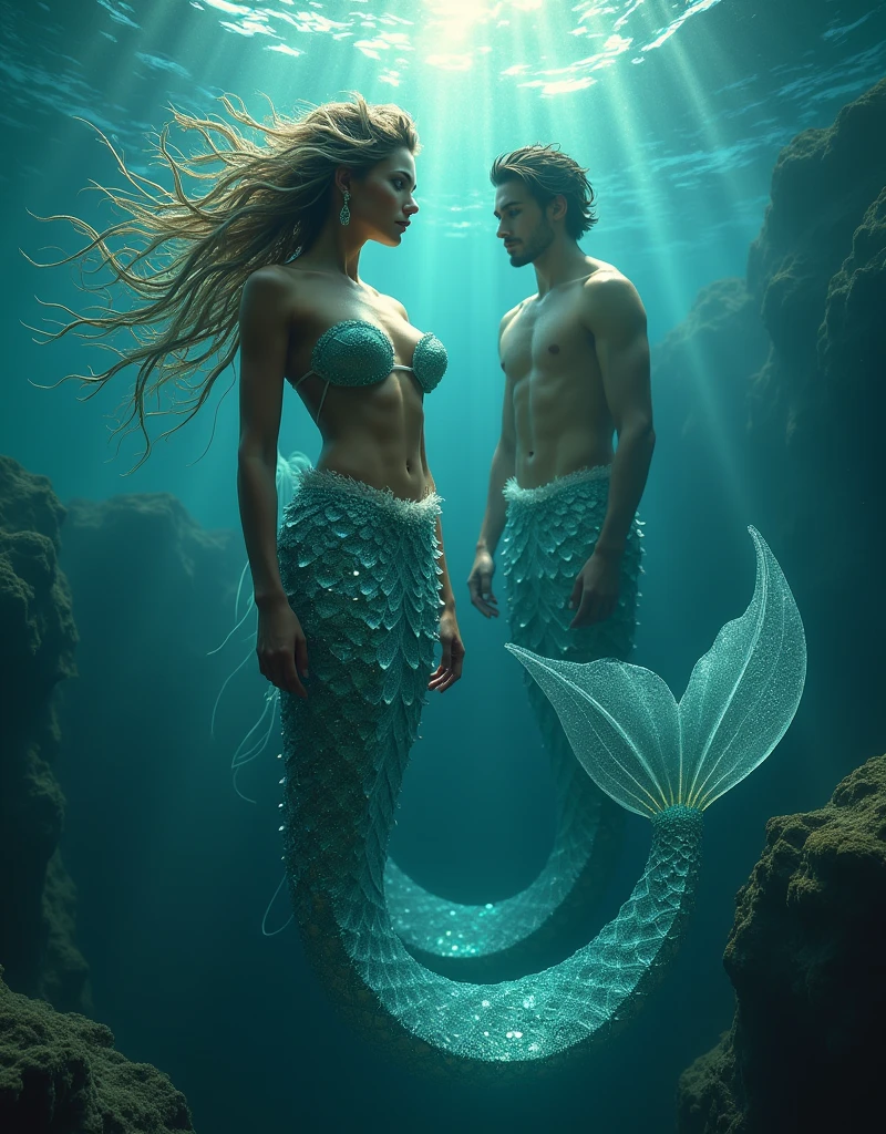 (masterpiece,Distinguished Quality,Mirror-like,Cinematic Experience, insanely detailed,absurdres),8k,full image shot),(1 female), the shimmering, iridescent depths of an enchanted ocean, mesmerizing sirens, big breasts, nipples ,8k, slim waist, shimmering scales on a tale, luminous, pearlescent skin glistening with dew, long, flowing hair a wild tangle of seaweed and glittering, gemstone-encrusted locks, as their piercing, (1 handsome male),(male, with mermaid tale:2.0),(male siren),(manly tale),(manly abs), random hair, aquamarine eyes gleam with an otherworldly allure, shimmering, crystalline tail glimmers with a soft, ethereal light, beckoning sailors to their doom with a haunting, melodic song that echoes through the mystical, moonlit waves, Imagine the captivating, underwater scene!