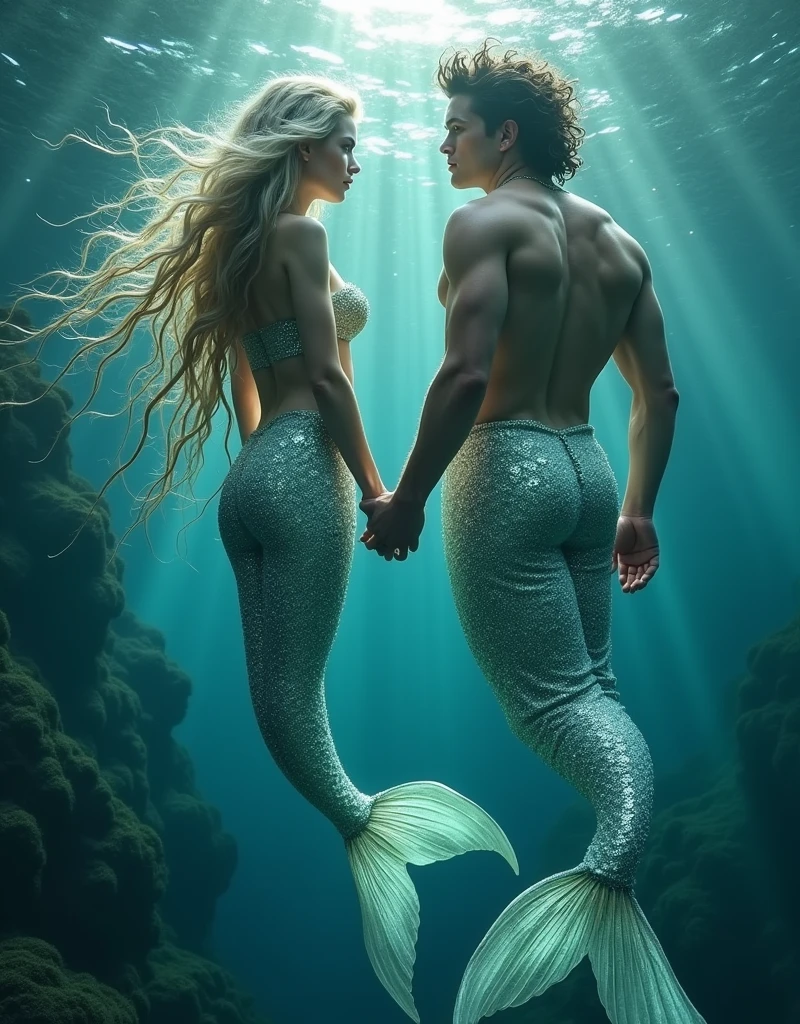 (masterpiece,Distinguished Quality,Mirror-like,Cinematic Experience, insanely detailed,absurdres),8k,full image shot),(1 female), the shimmering, iridescent depths of an enchanted ocean, mesmerizing sirens, big breasts, nipples ,8k, slim waist, shimmering scales on a tale, luminous, pearlescent skin glistening with dew, long, flowing hair a wild tangle of seaweed and glittering, gemstone-encrusted locks, as their piercing, (1 handsome male),(male, with mermaid tale:2.0),(male siren),(manly tale),(manly abs), random hair, aquamarine eyes gleam with an otherworldly allure, shimmering, crystalline tail glimmers with a soft, ethereal light, beckoning sailors to their doom with a haunting, melodic song that echoes through the mystical, moonlit waves, Imagine the captivating, underwater scene!