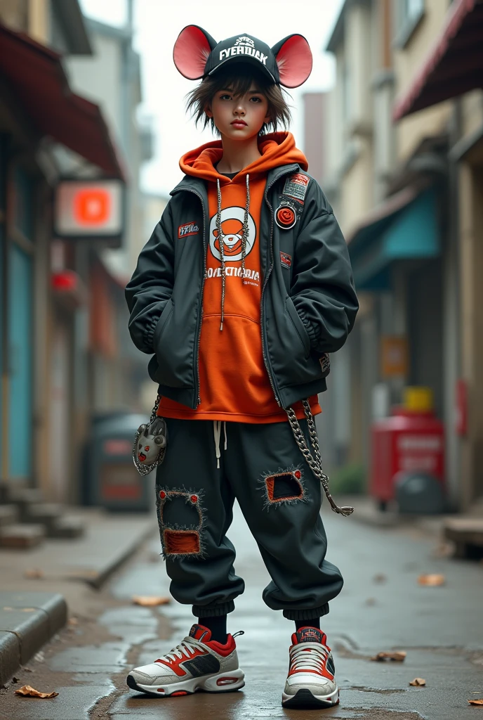 Generate person with aufit asi • Urban Look: Consider wearing clothes with an urban style, such as hoodies or oversized t-shirts that have rat graphics or prints. This can be in dark tones or in striking colors that stand out in the video..
• Pants and Footwear: Comfortable joggers or ripped jeans can add a modern touch. Complete the look with uniquely designed sneakers.
• Accessories: Caps, chains, or even fingerless gloves can give a distinctive touch. If you want to emphasize the rat theme, You could wear a mask or an accessory with mouse ears, but in a stylized way. 3. Colors and Aesthetics:
• Color palette: Neutral tones like gray, negro, and white can work well, but add a splash of vibrant color (red, green or blue) in accessories or details can make your look stand out more on screen.
• Graphic Style: Including graphic elements of rats or designs that evoke the cunning and agility of a rat can complement your insignia..
.