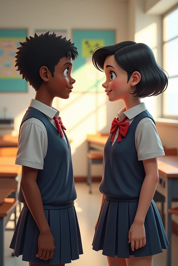 White skinned teenage girl with short hair and school uniform and dark skinned teenage boy with black hair and school uniform . with a classroom background .looking at each other 