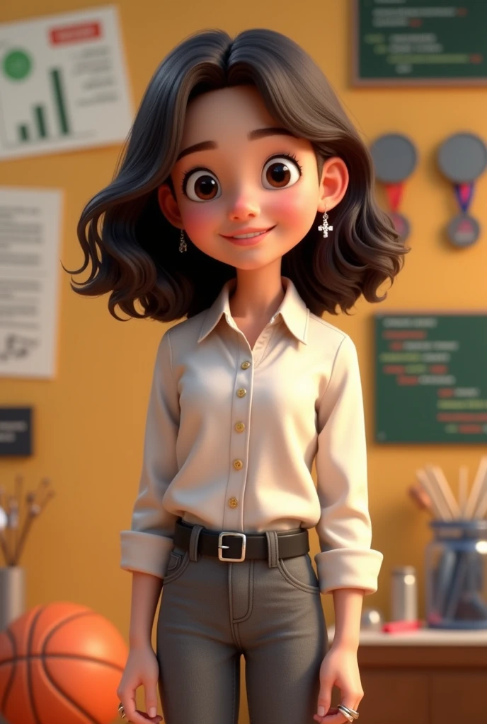 teenager, with dark brown hair, dark brown eyes, wavy hair somewhat curly, Shoulder-length hair cut in layers, parted almost in the middle but not completely in the middle, somewhat disheveled, without bangs but with strands around the face, not so skinny, White skin, 1.65cm tall, not so skinny pero tampoco gorda, somewhat round face, small nose and mouth, eyes not a little Chinese but big. Include something related to excel in the background, basketball, programming, chemistry, and study and win medals or competitions. cheered up. CLOTHES: grey formal dress pants, button down dress blouse, black belt, Small hoop earrings with a silver-plated hanging cross and silver-plated rings. that looks young, study high school. not anime style. Make it animated something 3D. Strike a more casual pose. Keep what I asked for in the background. Smile without showing teeth.