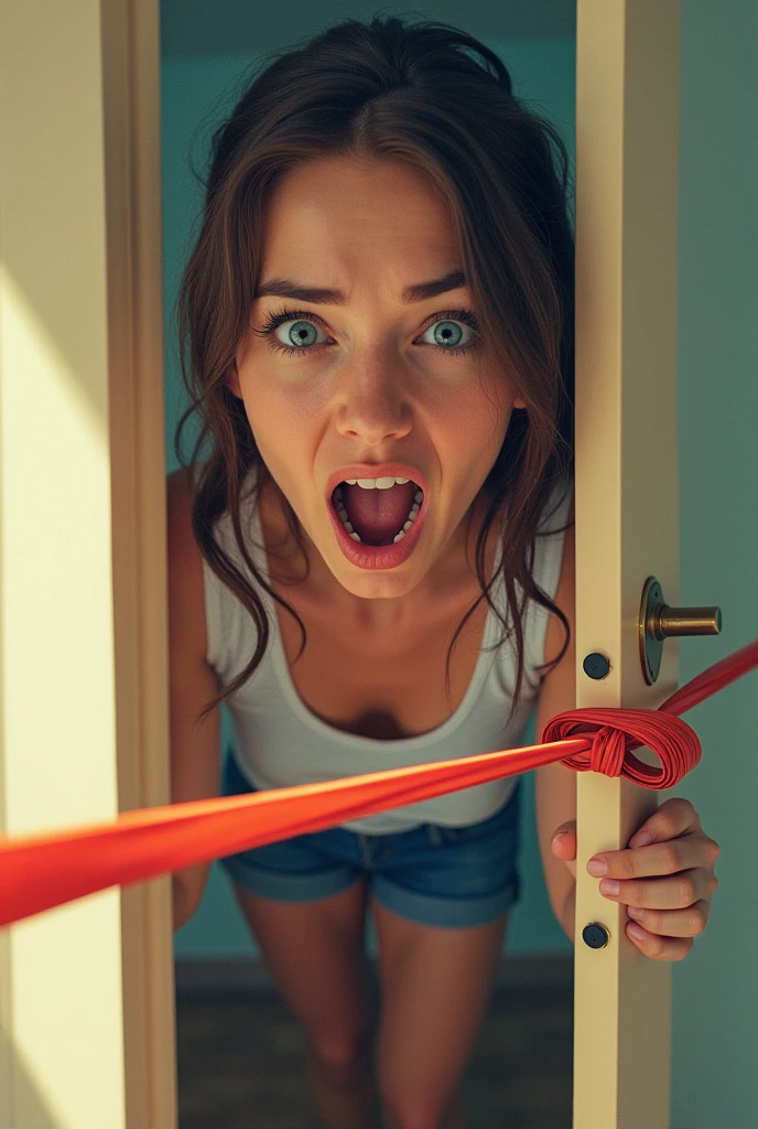 Woman with elastic band stuck in a door