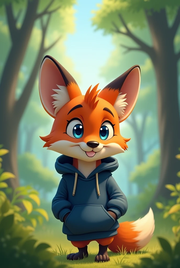 fox male cartoon boy, blue eyes, wearing a dark blue hoodie with his ears in front. a little hair showing in front of the hoodie, playing in a forest, the fox has is happy and smiling,