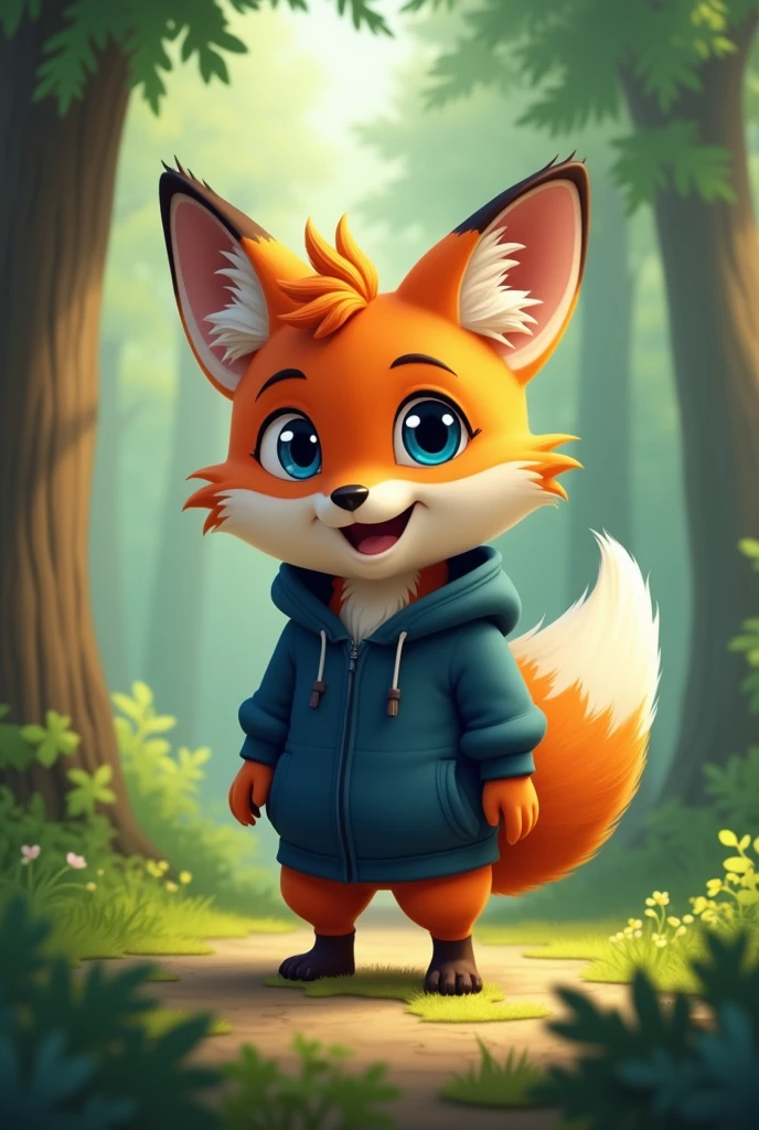 fox male cartoon boy, blue eyes, wearing a dark blue hoodie with his ears in front. a little hair showing in front of the hoodie, playing in a forest, the fox has is happy and smiling,