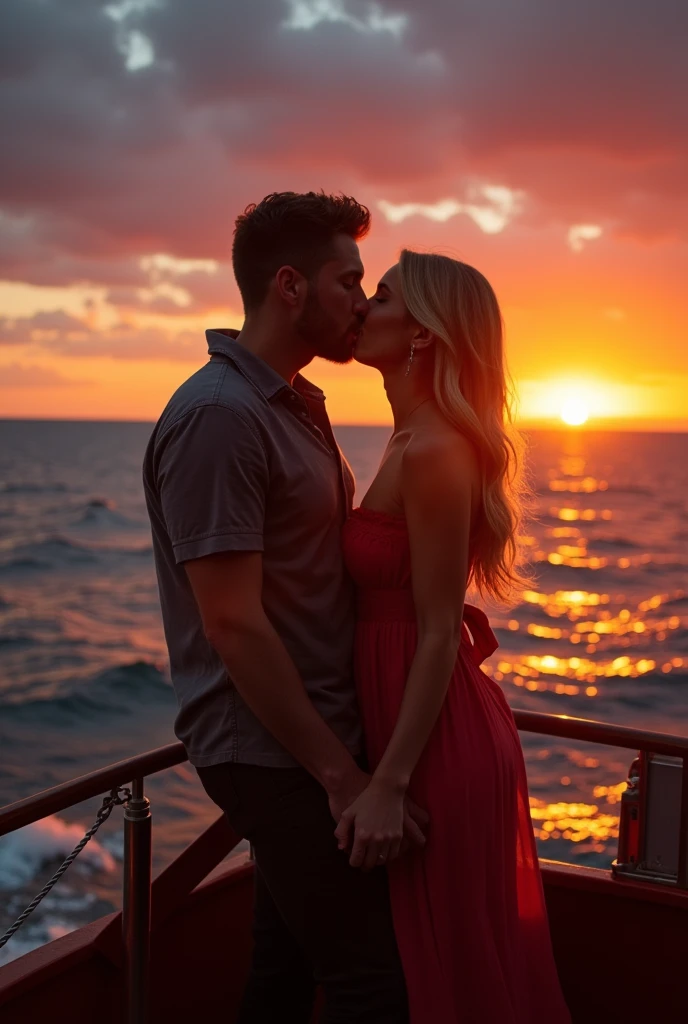 A couple kissing on a boat at sea on fire