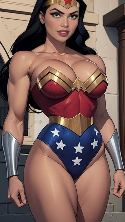 Real life wonder woman with large breast wearing headband and hand wraps, wonder wonder costume posing, sexy gal gadot, (holding a feather duster in her left hand:0.5) Tickling