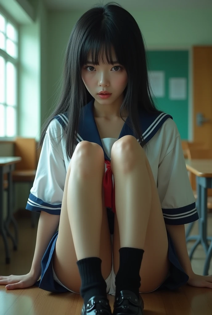 in 8K,highest quality,The true picture,Intricate details,Ultra-high resolution,Depth Field,Masseter region,Natural soft light,Professional Lighting,1 girl,(cute:1.2),Very beautiful 1 girl, ((Beautiful eyes with attention to detail)),(Black Hair),(bangs),Perfect Skin,Shiny skin,Pure white skin,Fine skin, (((Panty flushing)),((Perfect Anatomy,Nice hands,Perfect hands)),Perfect Seduction,Delicate legs,Perfect Proportions,Cute Lingerie,((Japanese Sailor Suit)),((Uniform Mini Skirt)),(tie),Black socks,Chano Leather Shoes,classroom, Tabletop,I can see your crotch,Show me your panties in the street,Sit with your knees raised,Spread your legs in an M shape,((White panties are visible)),Thighs,(Shooting from below:1.5),Be as scared as possible,Pee,incontinence,Prison uniform