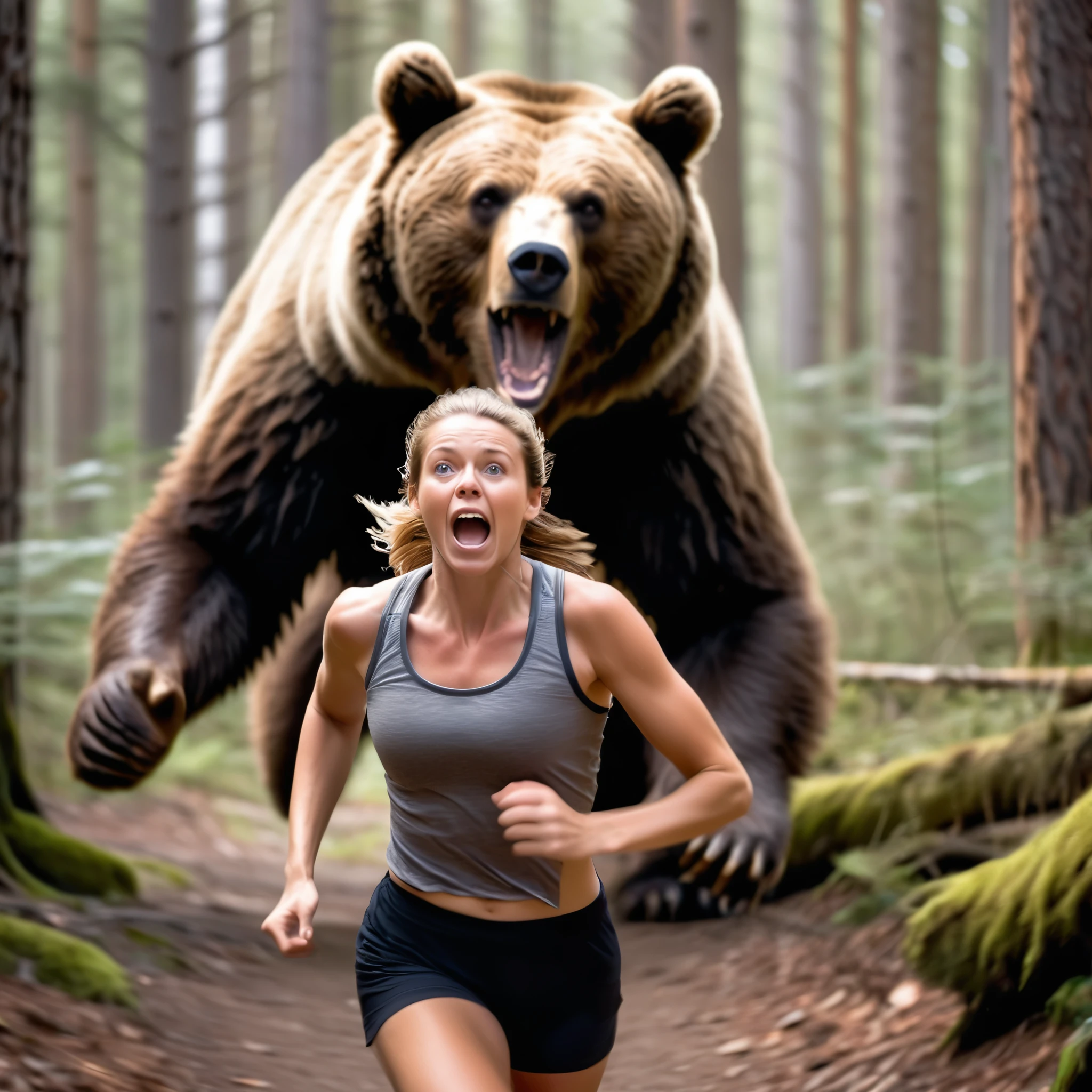  image of a woman running in a forest, shouting, ((with motion blur lines around her head)),(large brown bear in background )