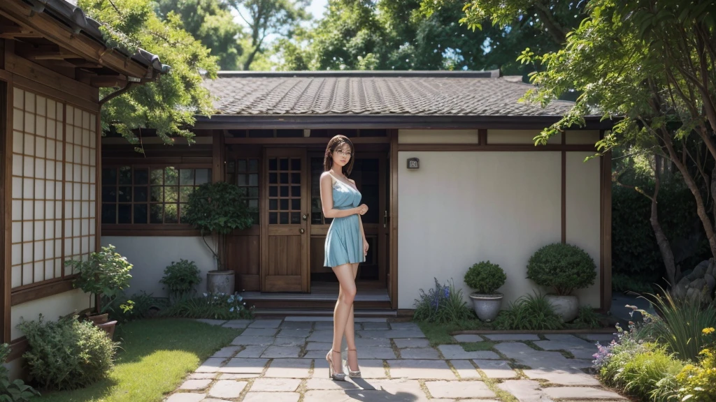 "Photorealistic, (wide angle, single figure only, standing next to the door, hyper-realistic skin texture), a Japanese young woman with an attractive physique standing alone beside and looking directly at the closed front door of a house, wearing glasses and a sky-blue dress with a backless design, standing on a stone pathway surrounded by lush greenery, sunlight filtering through the trees, cozy garden setting, natural light, no other figures present, high detailed official artwork, hyperrealistic, slim fit body with prominent curves, long legs, hyper-detailed and realistic skin texture, smooth photorealistic, warm color tones, vivid colors, serene atmosphere, 8k and 4k resolution."