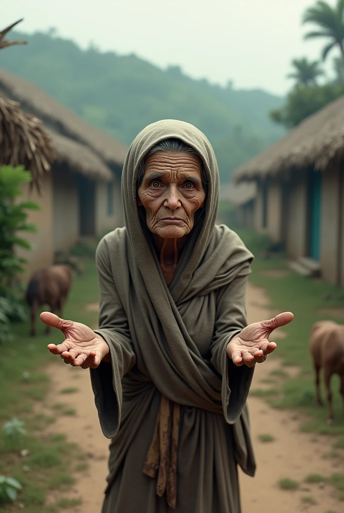 A village poor elder woman ask 3d animation 
