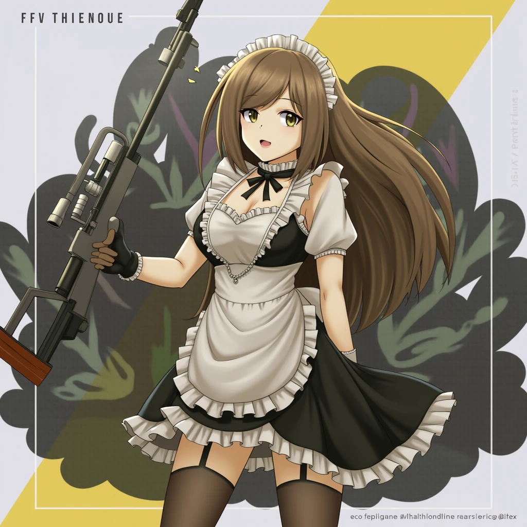 anime character with long hair in maid dress holding a heavy rilfe and black gloves,(hair swept bangs:1.3), (long brown hair:1.3), 1girl, solo, long hair, breasts, looking at viewer, large breasts, simple background, black hair, thighhighs, holding, cleavage, very long hair, standing, jacket, full body, weapon, ahoge, multicolored hair, boots, grey background, holding weapon, orange hair, mole, high heels, two-tone hair, leotard, hand on hip, gun, bodysuit, thigh strap, thigh boots, holding gun, rifle, colored inner hair, barcode, anime style, from girls frontline, fine details. girls frontline, girls frontline universe, girls frontline style, girls frontline, girls frontline cg, soft anime illustration, 2 0 2 2 anime style, 2022 anime style, pixiv contest winner, pretty anime character design, render of april