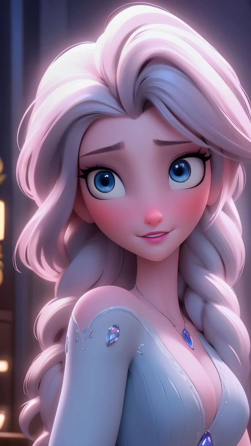 Elsa, (perky breasts), (((small breasts))), smirk:1.2, beautiful blue eyes, (perfect iris’s), depth of colour to her eyes, blonde hair, long hair, braid, full lips, blush, naked, she is showing her vagina, depth of field, bokeh, (special attention to skin detail: 1.2), masterpiece, best quality, ultra-detailed, ultra-HD, photorealistic, cinematic, ((mid camera shot)), sensual pose, alluring, nipples:1.4, looking up at camera, closeup on her face, her cheeks are blushed, 2, she is on her knees, eye contact:1.4, high angle:1.5, ((closeup on face)), perfect face, (((visible breasts))) bokeh everything other than her perfect face, location is Arendelle in winter, ice castle