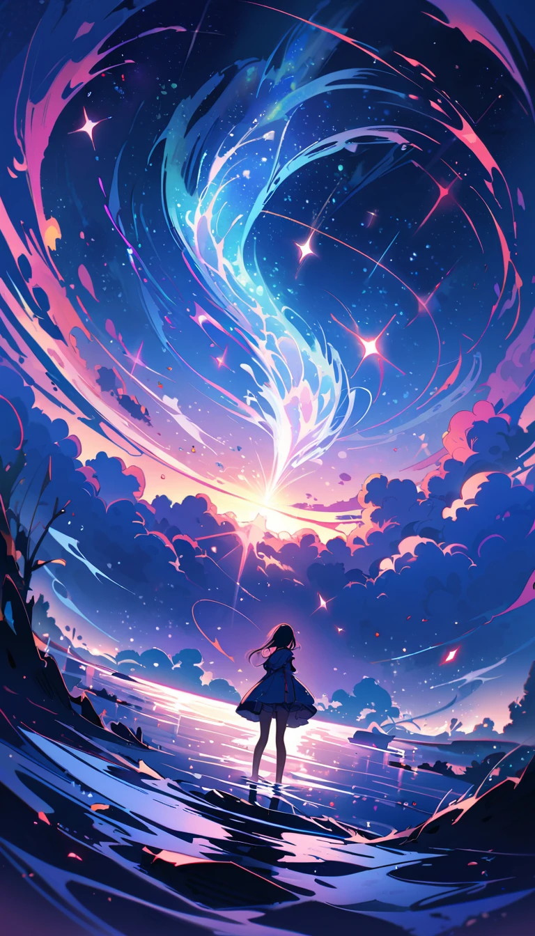((Highest quality)), ((masterpiece)), ((Ultra Wide Angle)),night、null,The water surface is like a mirror,universe、mysterious、Otherworldly feeling、