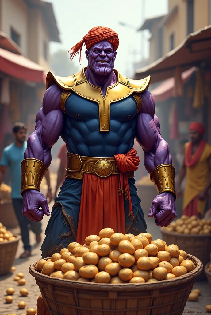 Picture Thanos from ms dhoni the selling potatoes in a lively Indian market. He is dressed in a vibrant Indian attire Kurta Dhoti and a turban.
His imposing figure stands behind a stall brimming with fresh potatoes, ms dhoni by a ms dhoni market.