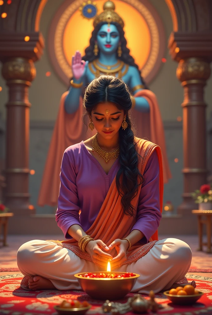 Mia khalifa face kartina kaif lips deepika height sai pallavi hair wearing purple kurti printed white salwar big shree krishna murti behind her she is doing shree krishna pooja bindi on head simple