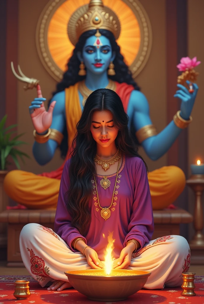 Mia khalifa face kartina kaif lips deepika height sai pallavi hair wearing purple kurti printed white salwar big shree krishna murti behind her she is doing shree krishna pooja bindi on head simple 