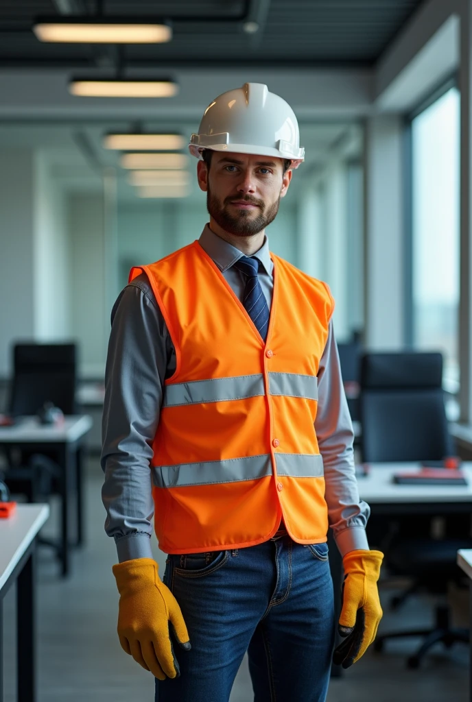 A person in the office wearing a helmet, safety vest and gloves.