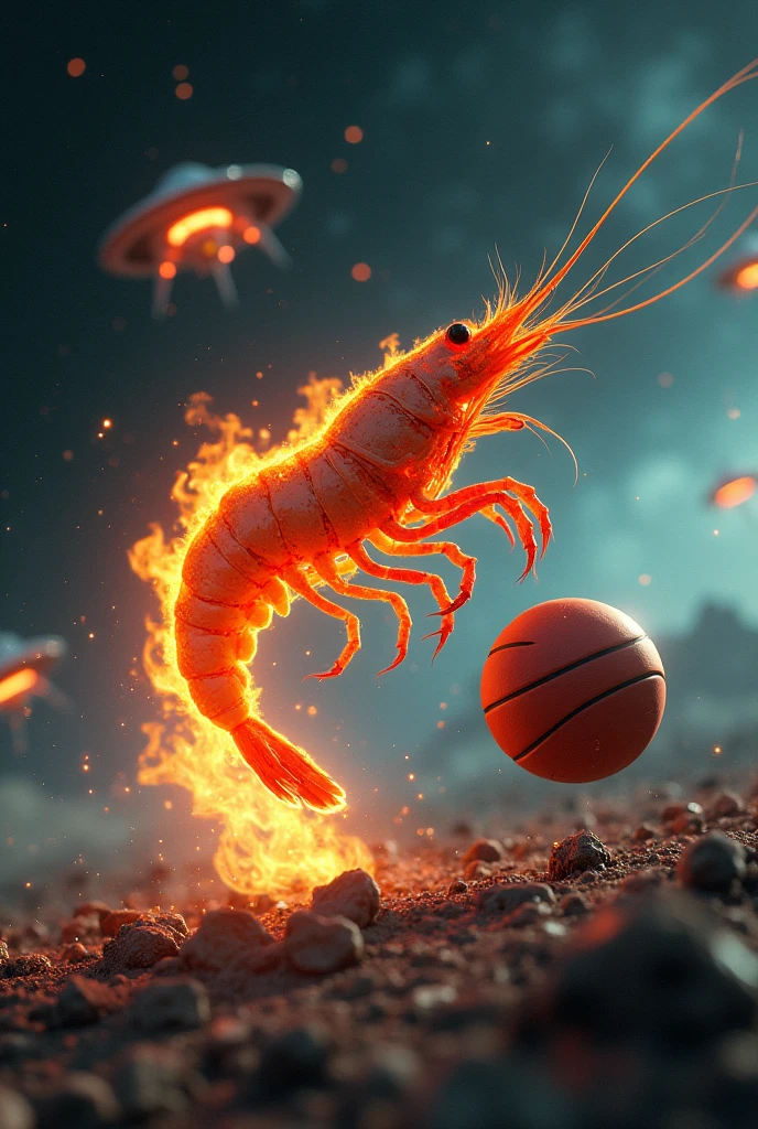 Shrimp on fire playing basketball floating in space with UFOs in the background 

