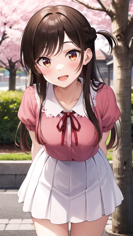 masterpiece, best quality, highres, aachizuru, long hair, one side up, neck ribbon, pink shirt, short sleeves, white skirt, smile, open mouth, standing, cowboy shot, leaning forward, bent over, outdoors, cherry blossoms, arms behind back,