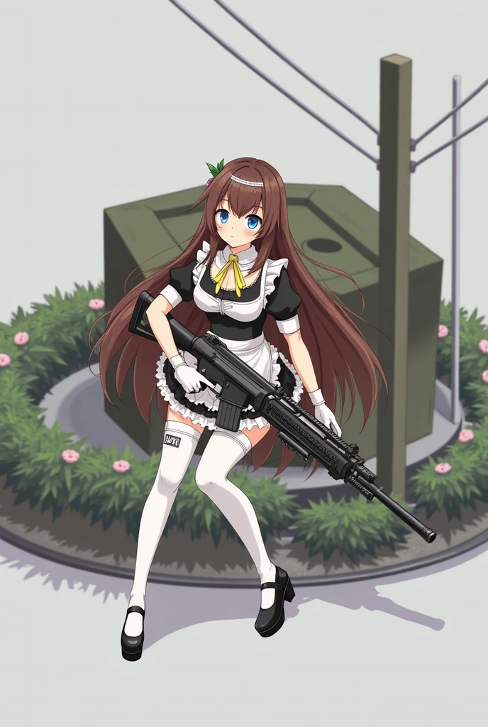 anime character with long hair in maid dress holding a heavy rilfe and black gloves,(hair swept bangs:1.3), (long brown hair:1.3), 1girl, solo, long hair, breasts, looking at viewer, large breasts, simple background, black hair, thighhighs, holding, cleavage, very long hair, standing, jacket, full body, weapon, ahoge, multicolored hair, boots, grey background, holding weapon, orange hair, mole, high heels, two-tone hair, leotard, hand on hip, gun, bodysuit, thigh strap, thigh boots, holding gun, rifle, colored inner hair, barcode, anime style, from girls frontline, fine details. girls frontline, girls frontline universe, girls frontline style, girls frontline, girls frontline cg, soft anime illustration, 2 0 2 2 anime style, 2022 anime style, pixiv contest winner, pretty anime character design, render of april