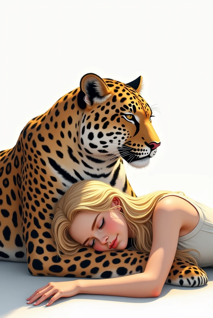 Teenager with blonde hair lying on the lap of a leopard with a white background that doesn't look so animated that it's more realistic