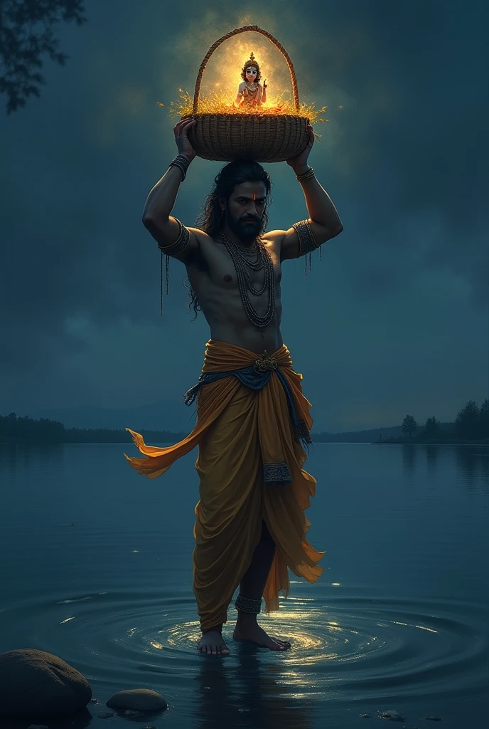 vasudev god in a traditional outfit, standing in a body of sea night and two hands
holding basket on the head with Krishna god .