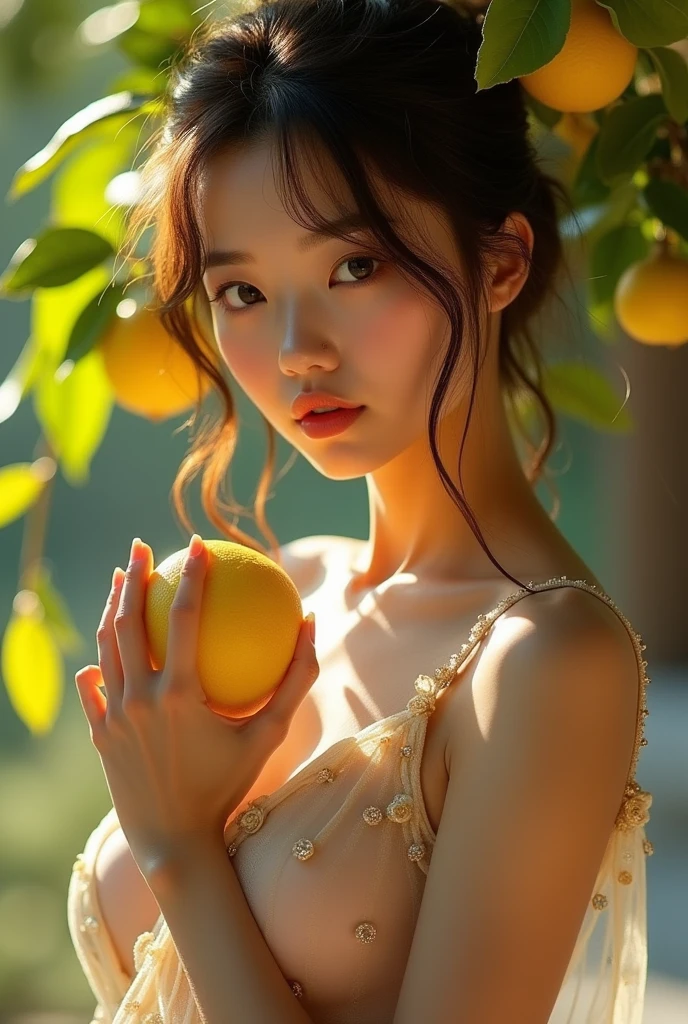 (masterpiece),(Highest quality:1.2),(Very detailed:1.2),(High resolution),(Photorealistic Stick),(RAW Photos),(Highest quality,8k,uhd,Best image quality,masterpiece),Backlight,(Written boundary depth),(Sophisticated lighting:1.1), (Improving cinematic lighting quality:0.9),photo of a dressed woman,Soft Portrait Photography,Beautiful Japanese Women,whole bodyポートレート,(Eye light,Sharp pupils,Detailed eye drawing,)Very beautiful face,(Detailed skin texture:1.3),(Beautiful portrait:1.2),A lovely and delicate face,Beautiful young Japanese woman,Random Hairstyles,((Large Breasts:1.2)),View here,front,((whole body)),(See-through bodysuit),((luxury:1.5)),((Cowboy Shot)),Near-blur,Lens flare,Sparkle Effect,Perfect body, Sexy expression, Very detailedなアートジェム, Bold Pose,lustrous,Seductive aura,Vivid Rouge,Waistline,LILAH Top,Acetate floral discs,Picking Amalfi Lemons,Lemon grove