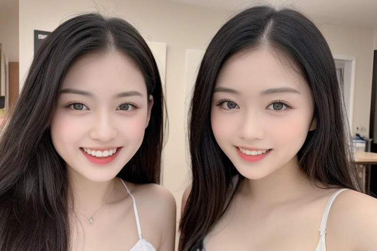 (realistic、masterpiece、Best Quality、8K、highres、high resolution:1.3)、two women in white bikini posing for a picture, with a twin, two girls, sakimichan, twins, beautiful gemini twins portrait, ulzzang, beautiful gemini twins, adult pair of twins, bbwchan, 3/4 bust, cutecore, milky white skin, good young girl, korean girl, yanjun chengt Huge breasts、smile, looking at viewers、super fine face and eyes、long hair、indoor、 upper body、