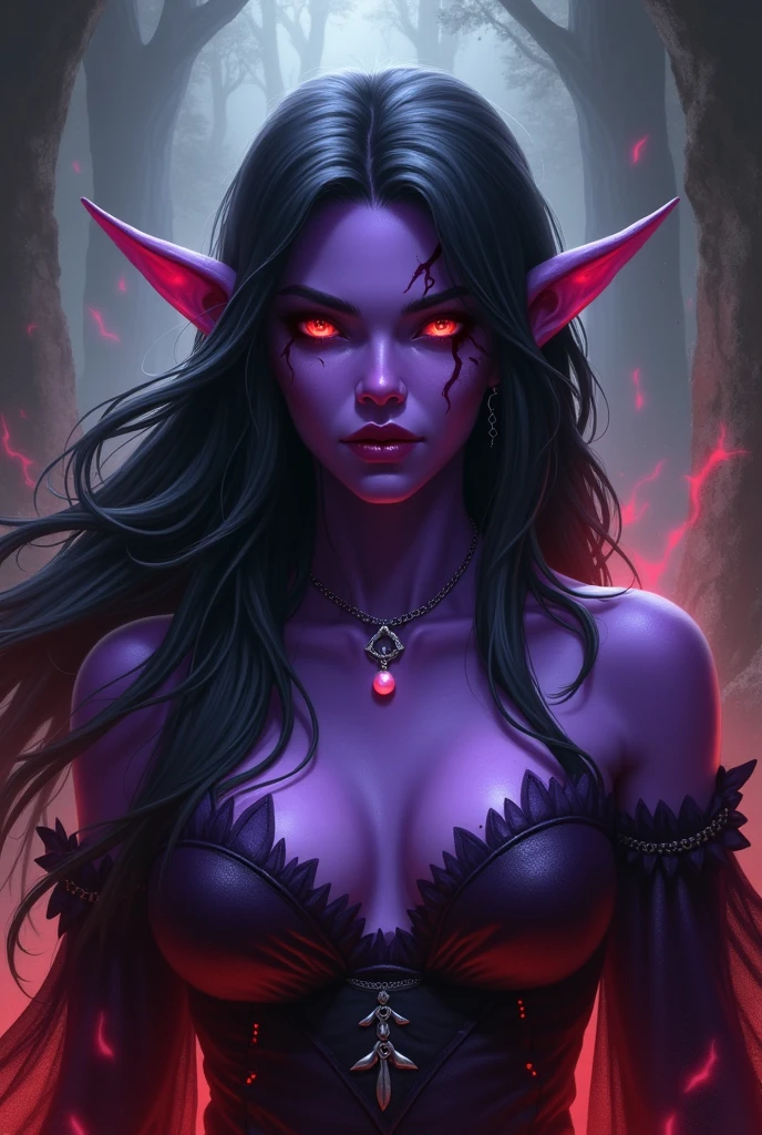 Fazer imagem de uma personagem tiefling feiticeira de d&d, purple skin, with a scar on her face, long black hair, fire colored eyes, infernal aura and super scary appearance with a single silver necklace with a very small, slightly pink pearl inside the necklace, stylish clothes